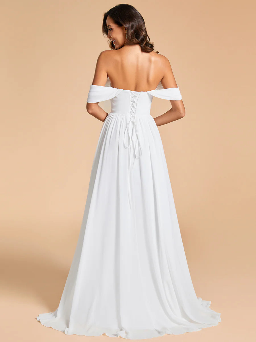 Elegant Off Shoulder Chiffon With Half Sleeves Wedding Dress - Rosa Apparel