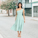 Elegant One Shoulder Ruffle Midi Dress by EG Fashion - Rosa Apparel