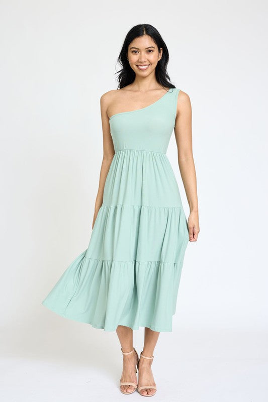 Elegant One Shoulder Ruffle Midi Dress by EG Fashion - Rosa Apparel