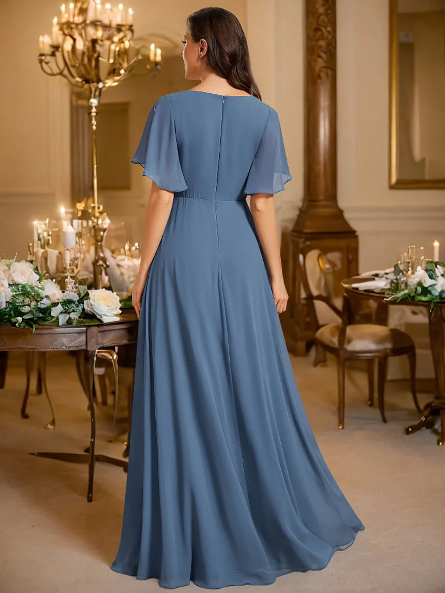 Elegant V-Neck Appliques Pleated Floor Length Bridesmaid Dress - Rosa Apparel