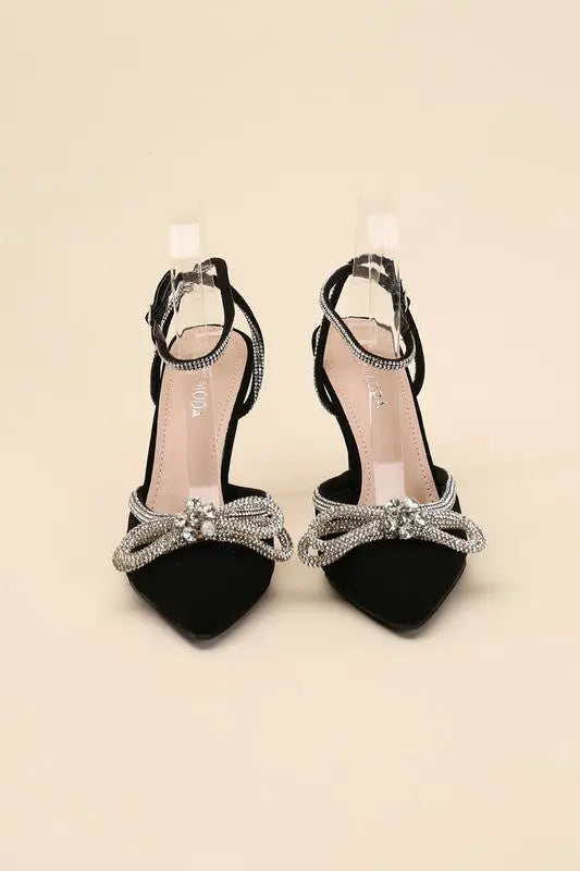 FREYA-5 Double Rhinestone Bow Ankle Strap 4" Heel