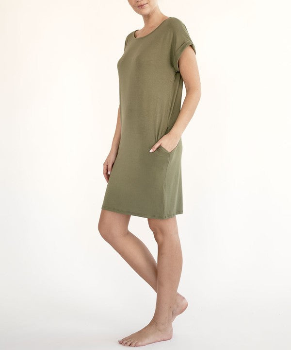 Fabina Bamboo Crop Round Neck Cap Sleeves Mini Dress With Pockets - Rosa Apparel