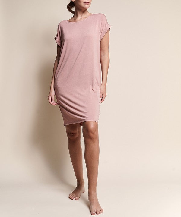 Fabina Bamboo Crop Round Neck Cap Sleeves Mini Dress With Pockets - Rosa Apparel