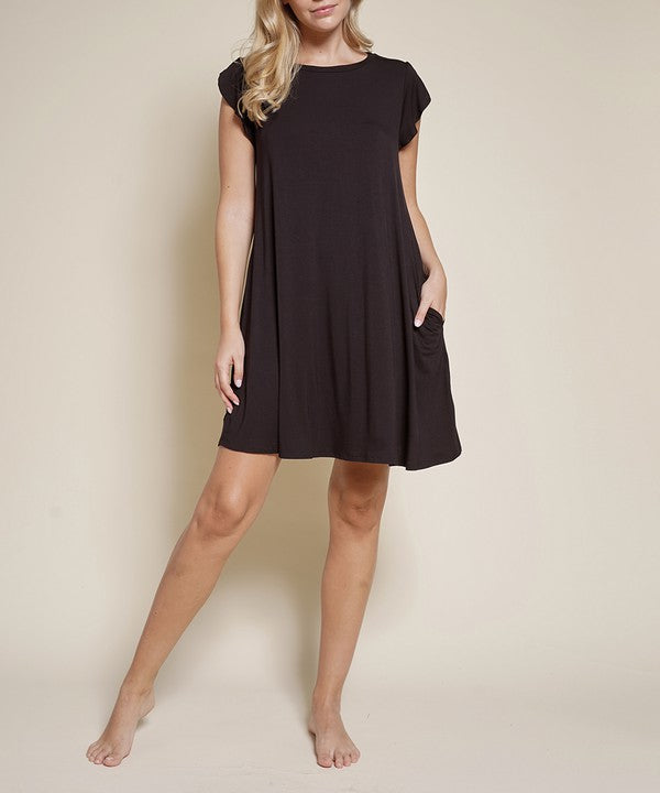 Fabina Bamboo Tulip Sleeve Round Neck Mini Dress with Pockets - Rosa Apparel