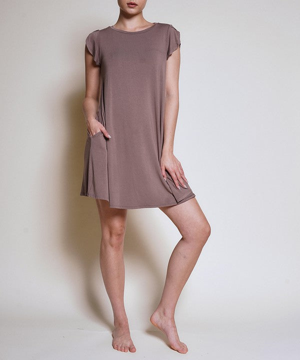 Fabina Bamboo Tulip Sleeve Round Neck Mini Dress with Pockets - Rosa Apparel