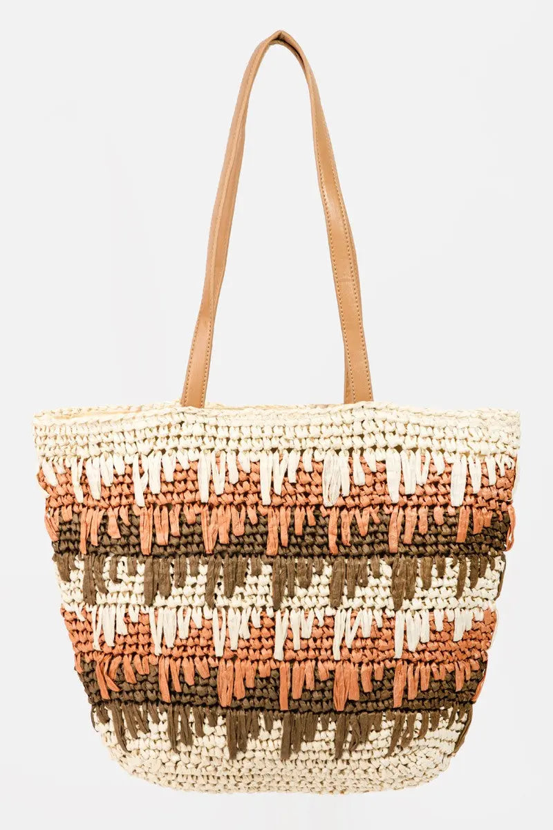 Fame Straw Braided Striped Tote Bag - Rosa Apparel