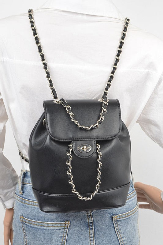 Faux Leather Chain Accent Fashion Backpack - Rosa Apparel