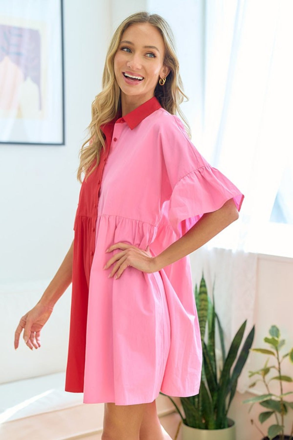 First Love Full Size Color Blocked Button Down Babydoll Dress - Rosa Apparel