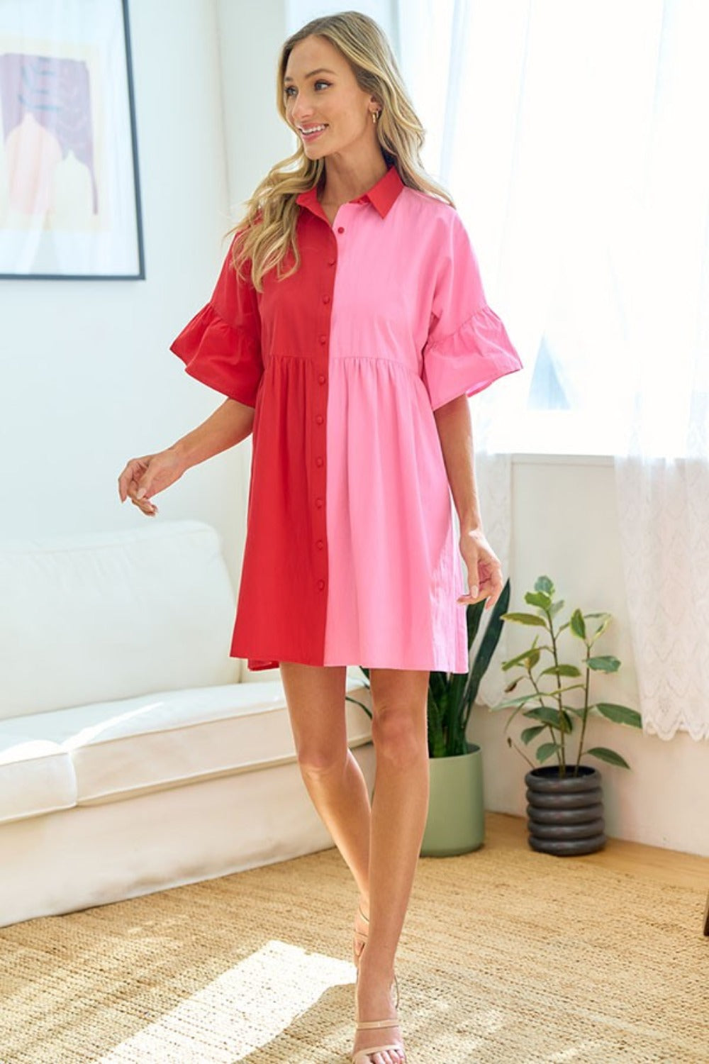 First Love Full Size Color Blocked Button Down Babydoll Dress - Rosa Apparel