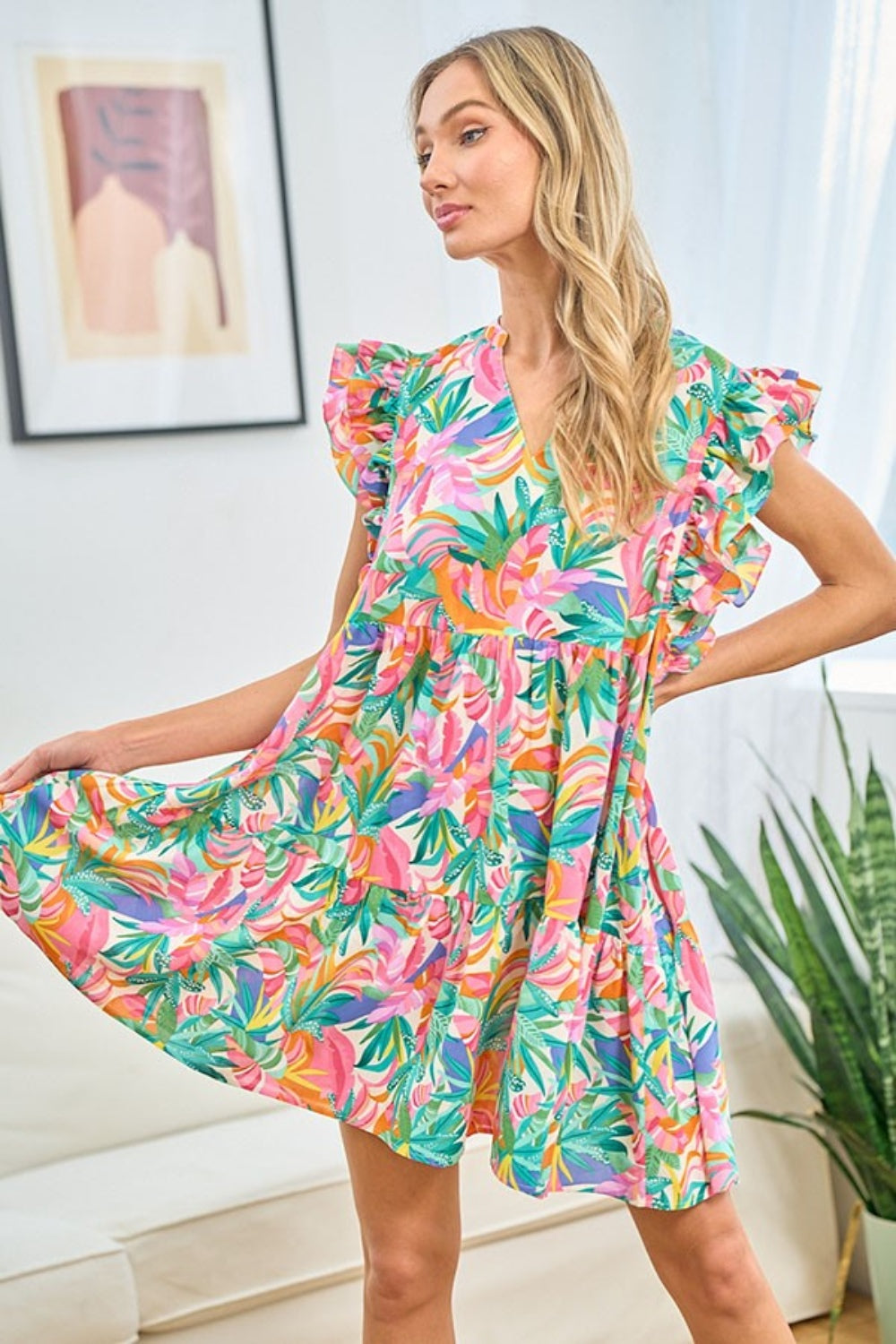 First Love Ruffled Printed Notched Cap Sleeve No Strech Dress - Rosa Apparel