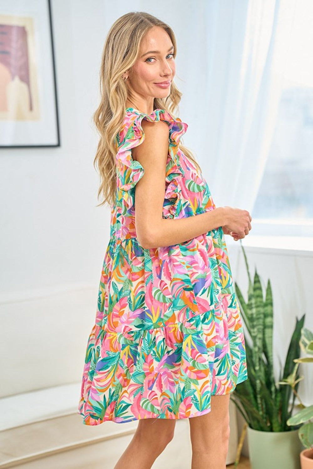 First Love Ruffled Printed Notched Cap Sleeve No Strech Dress - Rosa Apparel