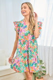 First Love Ruffled Printed Notched Cap Sleeve No Strech Dress - Rosa Apparel