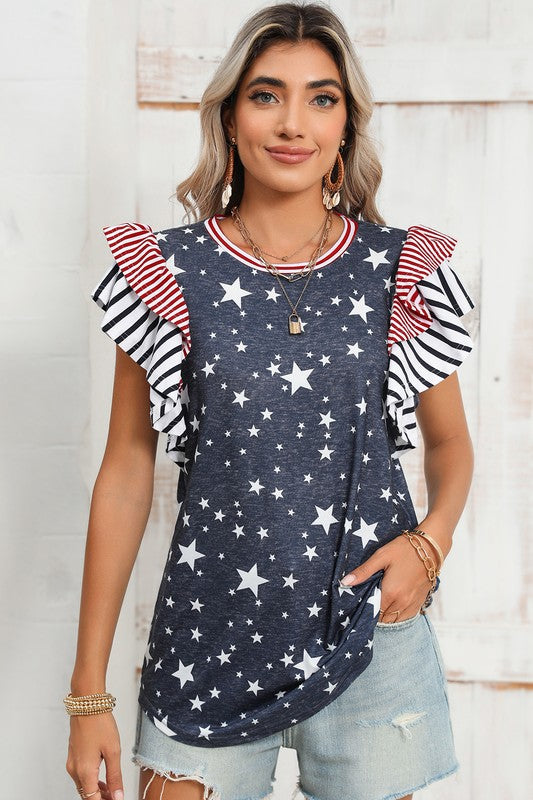 Flag Stripe Ruffle Sleeve Star Shirt USA 4th Of July by EG Fashion - Rosa Apparel