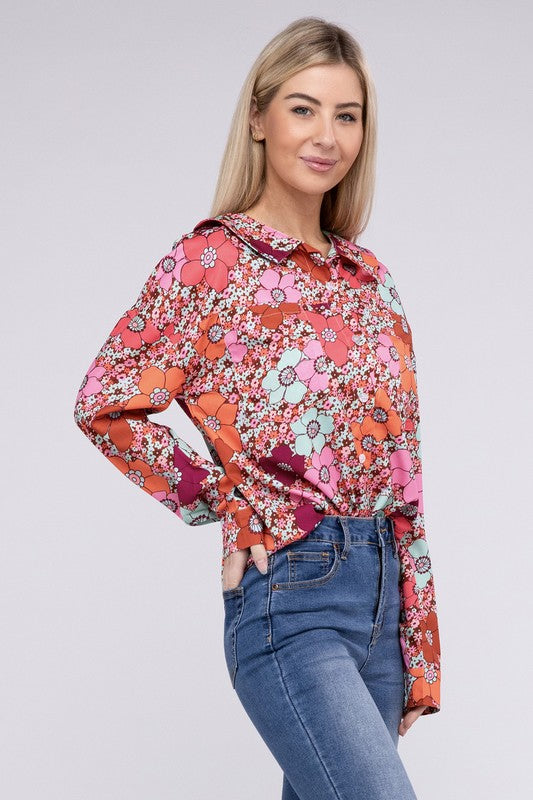 Floral Printed Long Sleeve Collar Neck Shirt - Rosa Apparel