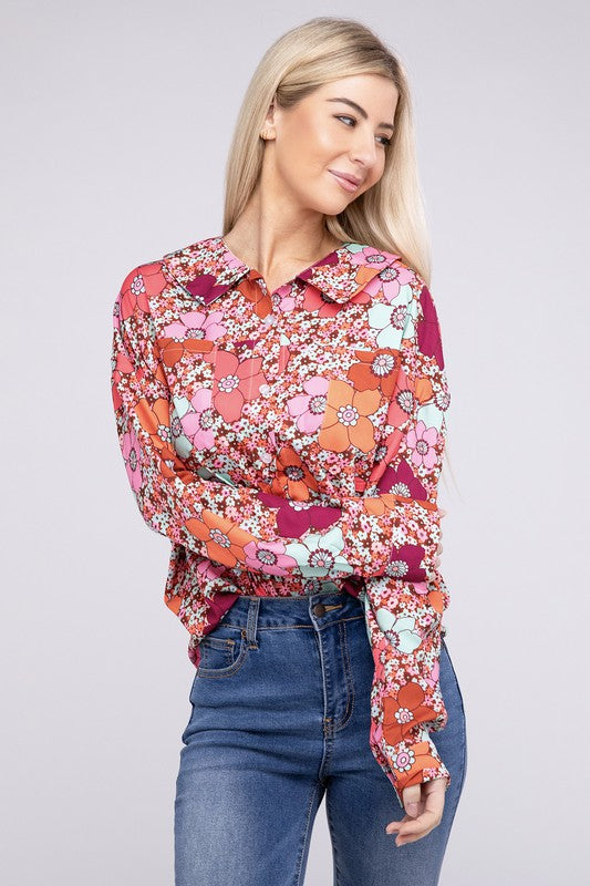 Floral Printed Long Sleeve Collar Neck Shirt - Rosa Apparel