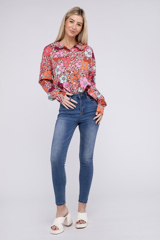 Floral Printed Long Sleeve Collar Neck Shirt - Rosa Apparel