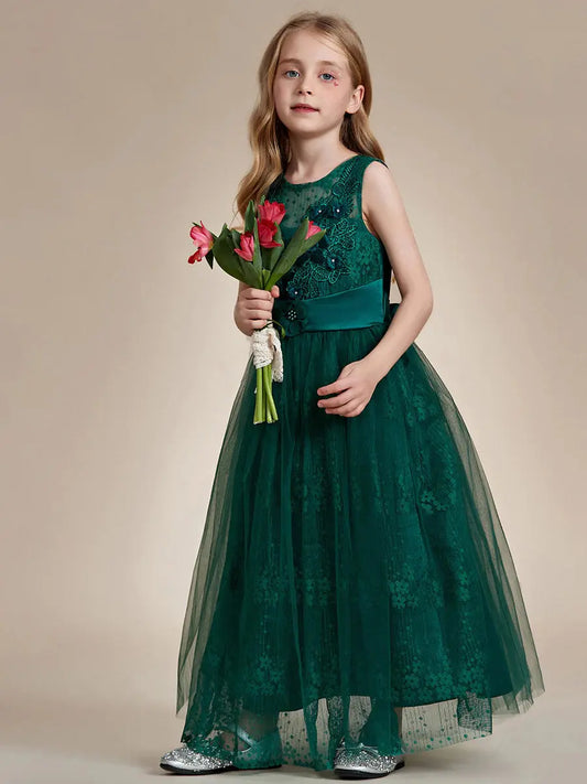 Floral Tulle Applique Princess Flower Girl Dress With Satin Back - Rosa Apparel