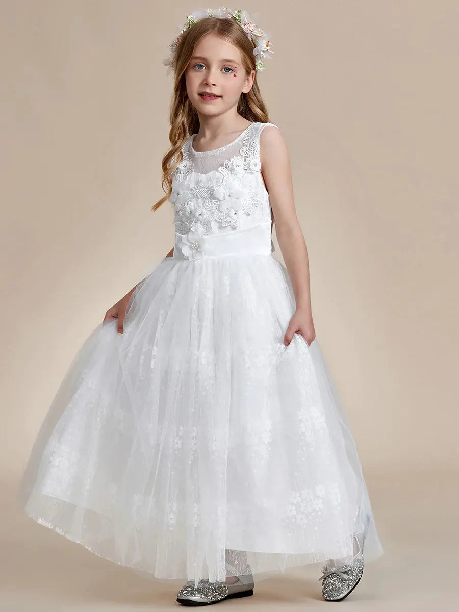 Floral Tulle Applique Princess Flower Girl Dress With Satin Back - Rosa Apparel