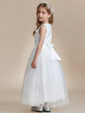 Floral Tulle Applique Princess Flower Girl Dress With Satin Back - Rosa Apparel