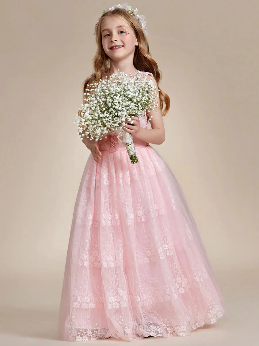 Floral Tulle Applique Princess Flower Girl Dress With Satin Back - Rosa Apparel