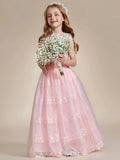 Floral Tulle Applique Princess Flower Girl Dress With Satin Back - Rosa Apparel