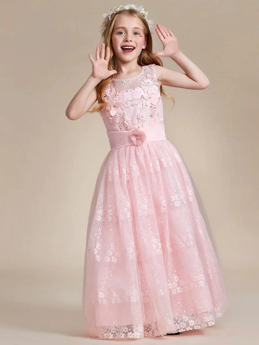 Floral Tulle Applique Princess Flower Girl Dress With Satin Back - Rosa Apparel