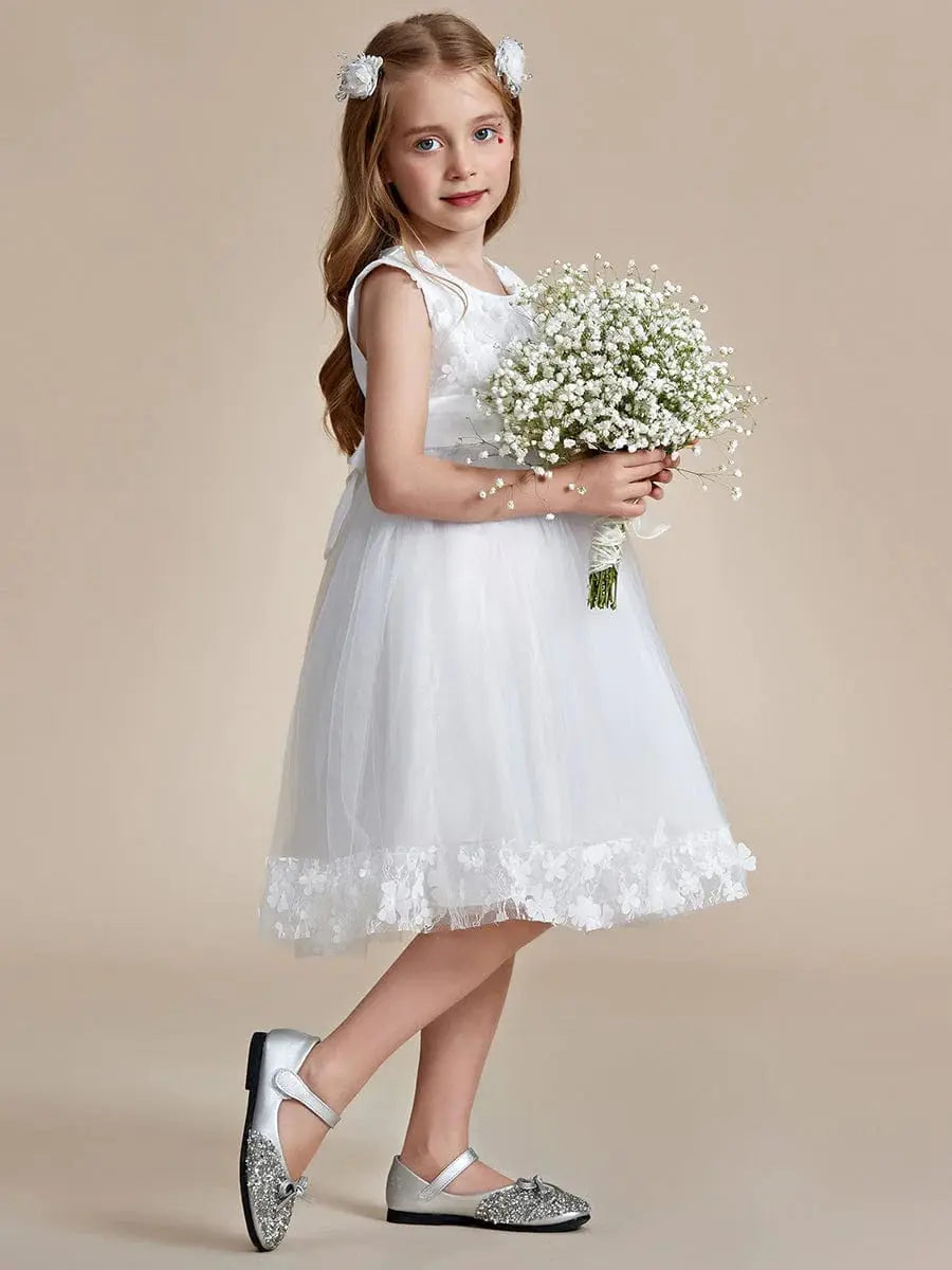 Flower Adorned Sheer Flower Girl Dress with Butterfly Bows - Rosa Apparel