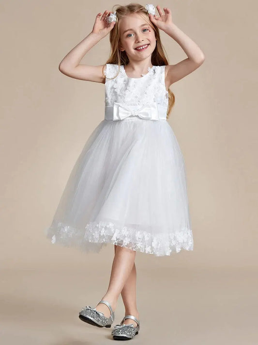 Flower Adorned Sheer Flower Girl Dress with Butterfly Bows - Rosa Apparel