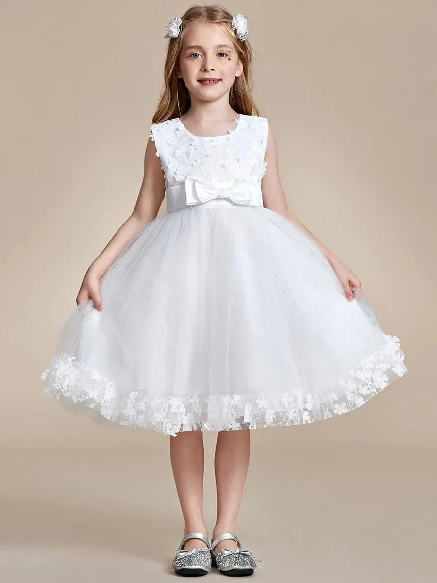 Flower Adorned Sheer Flower Girl Dress with Butterfly Bows - Rosa Apparel