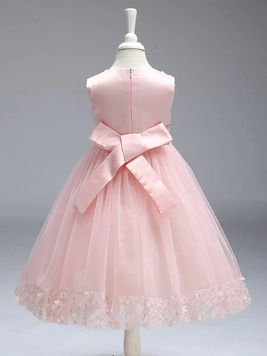 Flower Adorned Sheer Flower Girl Dress with Butterfly Bows - Rosa Apparel