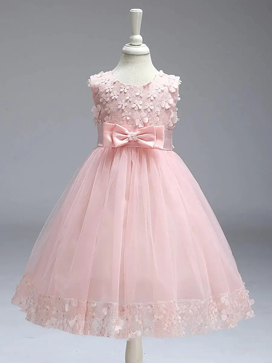 Flower Adorned Sheer Flower Girl Dress with Butterfly Bows - Rosa Apparel