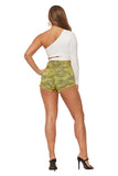 GJG Denim High Waist Front Button Stretch Camo Denim Shorts Lime - Rosa Apparel