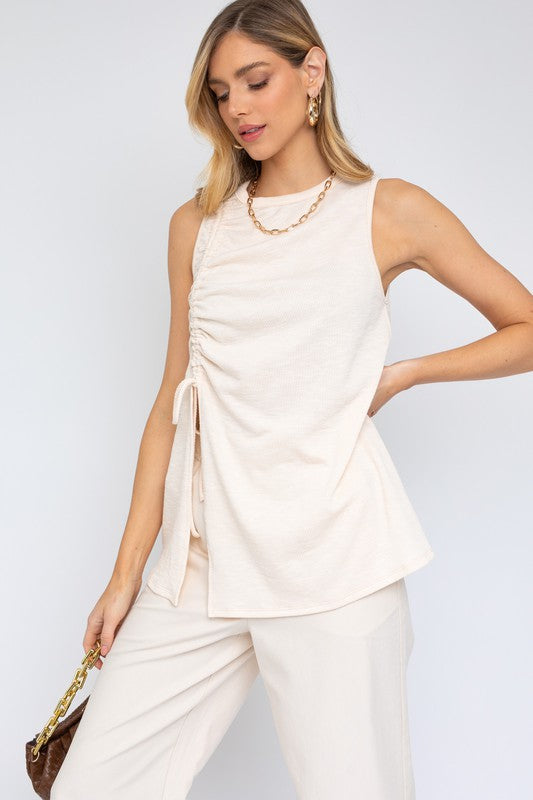 Gilli Casual Sleeveless Ruching Loose Fit Front Slit Top - Rosa Apparel