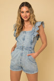 Gilli Chic Ruffle Denim Square Neck Sleeveless Romper - Rosa Apparel