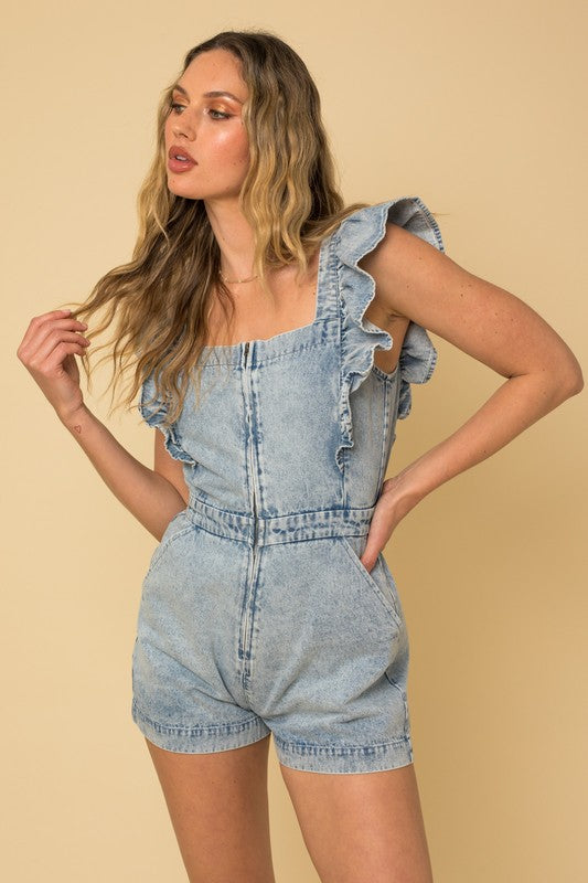 Gilli Chic Ruffle Denim Square Neck Sleeveless Romper - Rosa Apparel