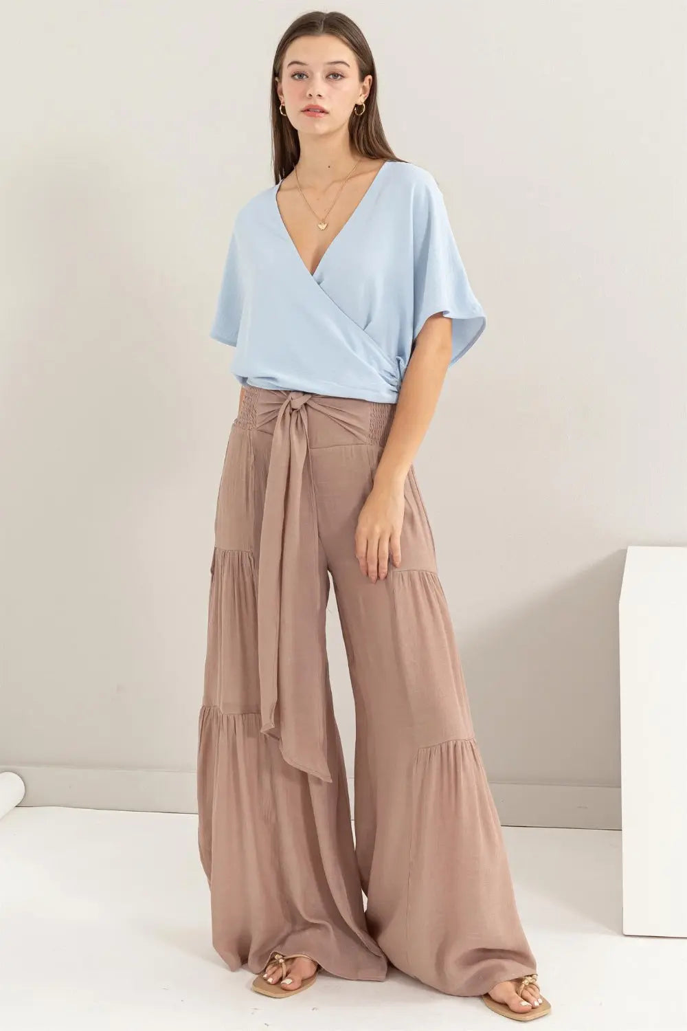 HYFVE Tie Front Ruched Tiered Pants - Rosa Apparel