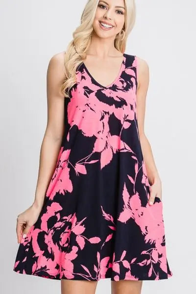 Heimish Full Size Floral V-Neck Tank Dress with Pockets - Rosa Apparel