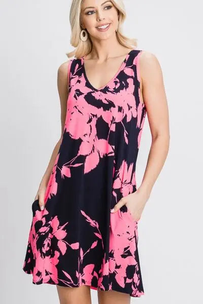 Heimish Full Size Floral V-Neck Tank Dress with Pockets - Rosa Apparel