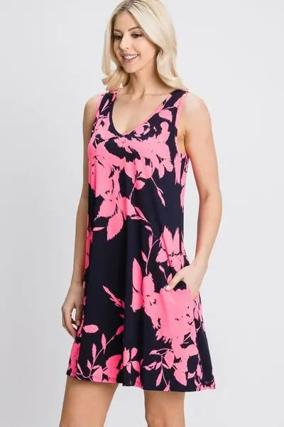 Heimish Full Size Floral V-Neck Tank Dress with Pockets - Rosa Apparel