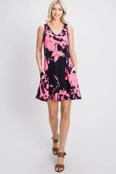 Heimish Full Size Floral V-Neck Tank Dress with Pockets - Rosa Apparel