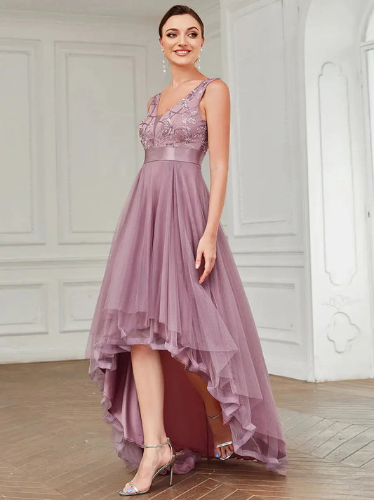 High-Low V Neck Tulle Dresses with Sequin Appliques - Rosa Apparel