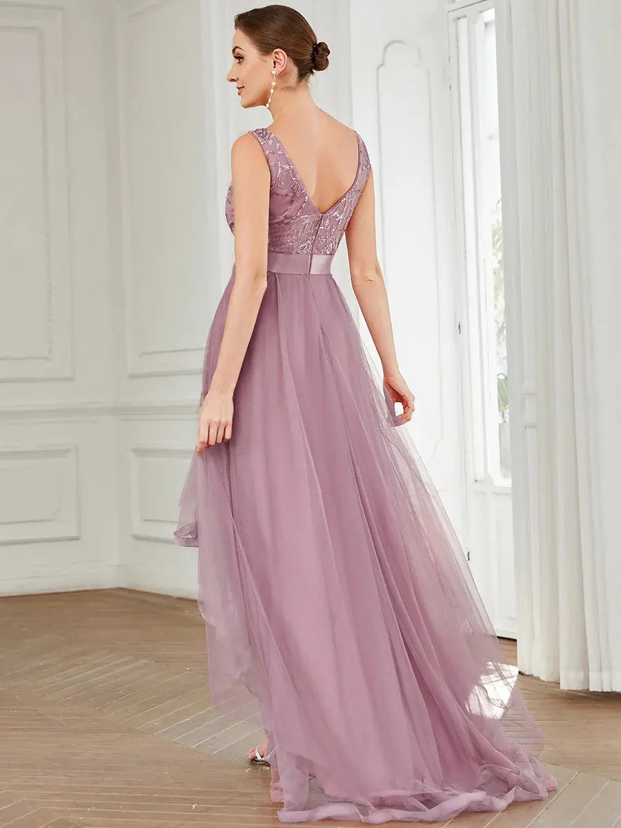 High-Low V Neck Tulle Dresses with Sequin Appliques - Rosa Apparel