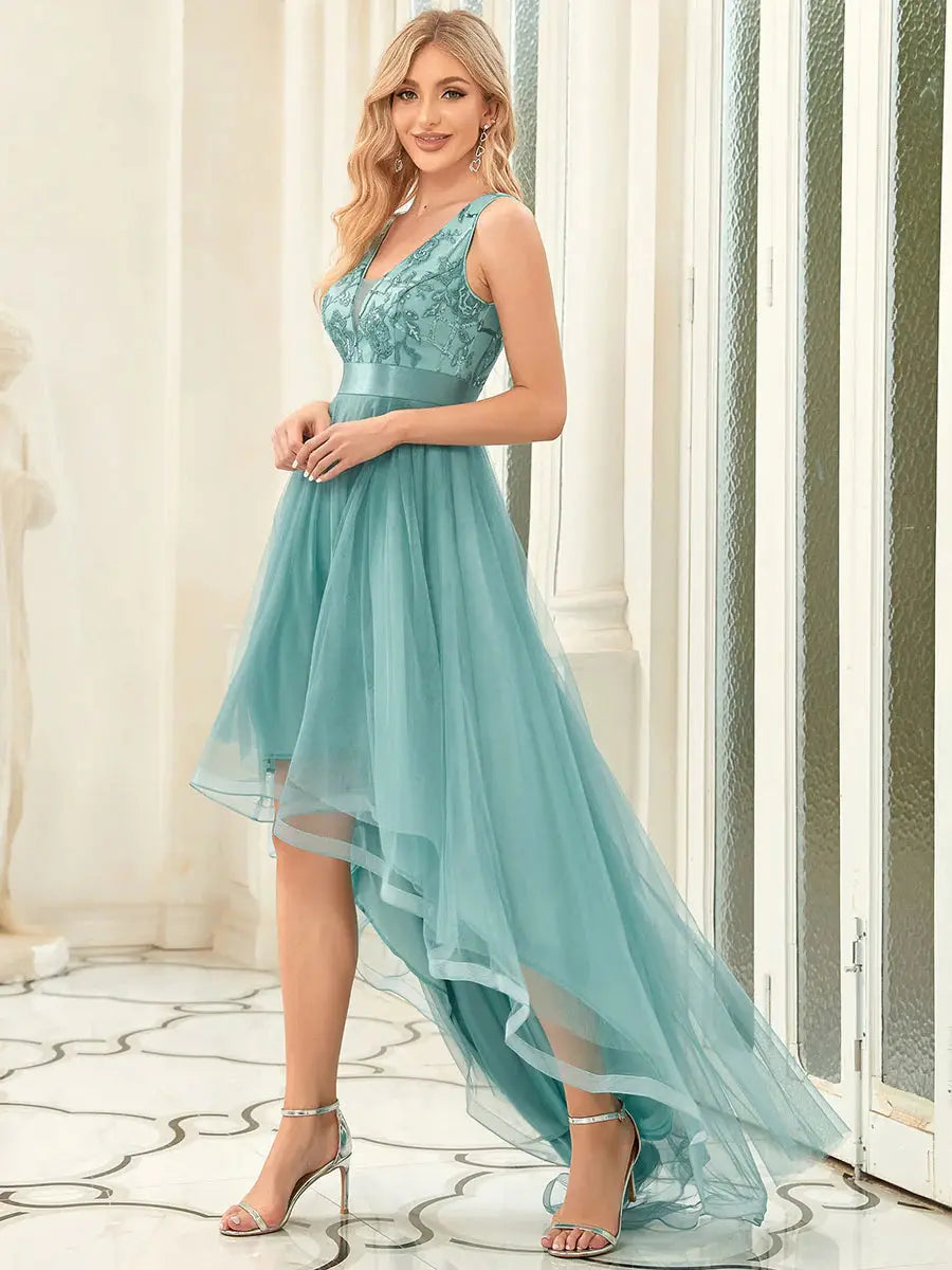 High-Low V Neck Tulle Dresses with Sequin Appliques - Rosa Apparel