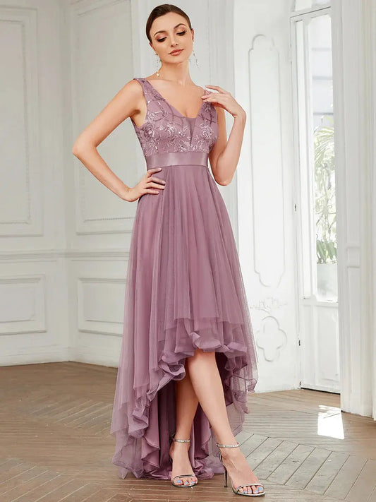 High-Low V Neck Tulle Dresses with Sequin Appliques - Rosa Apparel