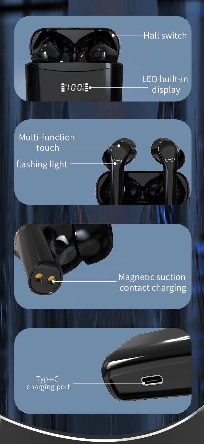 DZ-iTech Wireless Earbuds J5 Pro, ANC+ENC, Noise Cancelling Headsets TWS BT5.3. 36H of Usage time, LCD Power Display