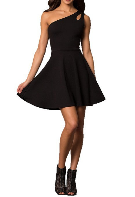 JUNIORS ONE SHOULDER DRESS WITH TEARDROP CUTOUT - Rosa Apparel