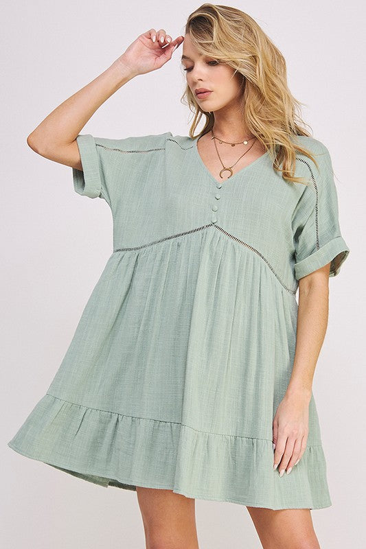 Jade By Jane Plus Size Short Sleeves Button Down V-Neck Short Dress - Rosa Apparel