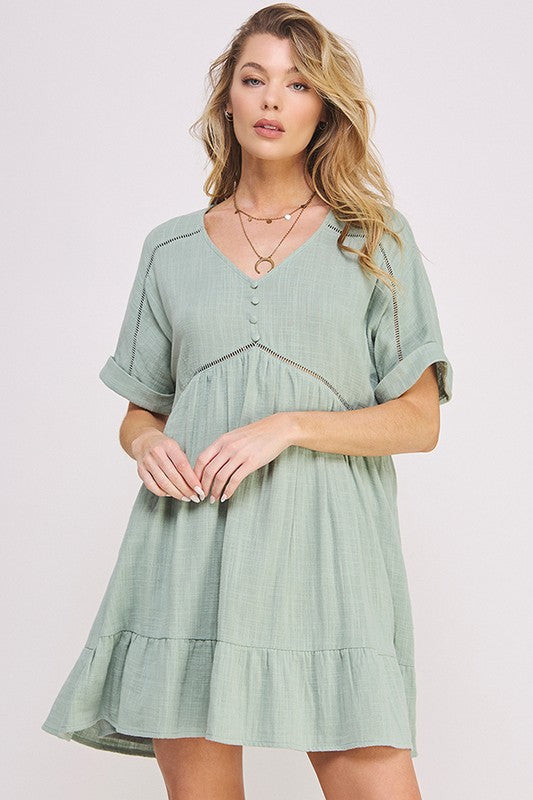 Jade By Jane Plus Size Short Sleeves Button Down V-Neck Short Dress - Rosa Apparel