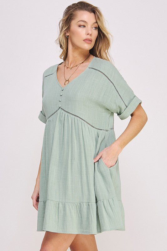 Jade By Jane Plus Size Short Sleeves Button Down V-Neck Short Dress - Rosa Apparel