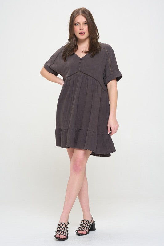 Jade By Jane Plus Size Short Sleeves Button Down V-Neck Short Dress - Rosa Apparel